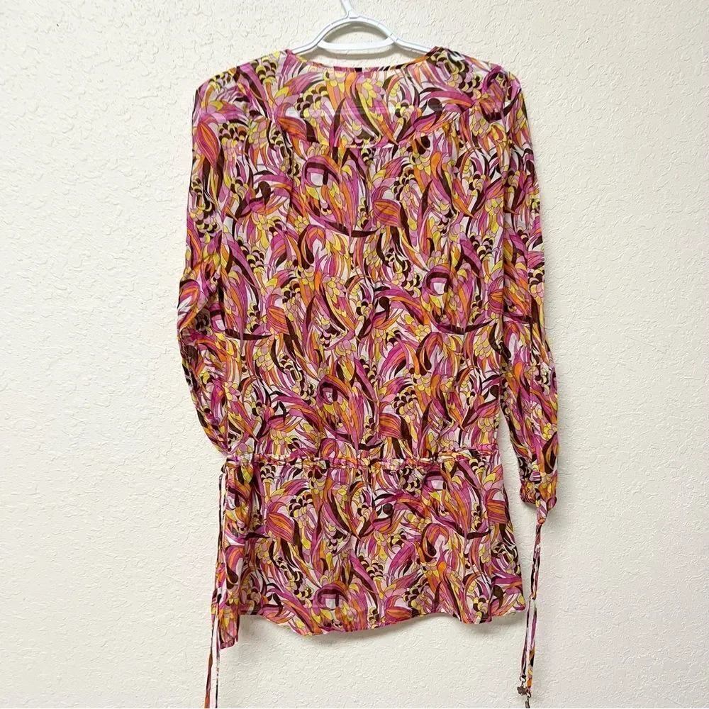 Milly Cabana Womens Cotton Colorful 70's Style Sheer Tie Cover Up Tunic Top Sz M - Picture 6 of 8